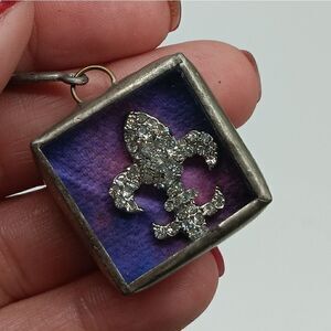 JEWEL KADE Silver 1 inch Square Purple Crystal Fleur de Lis Paris Clock Pendant